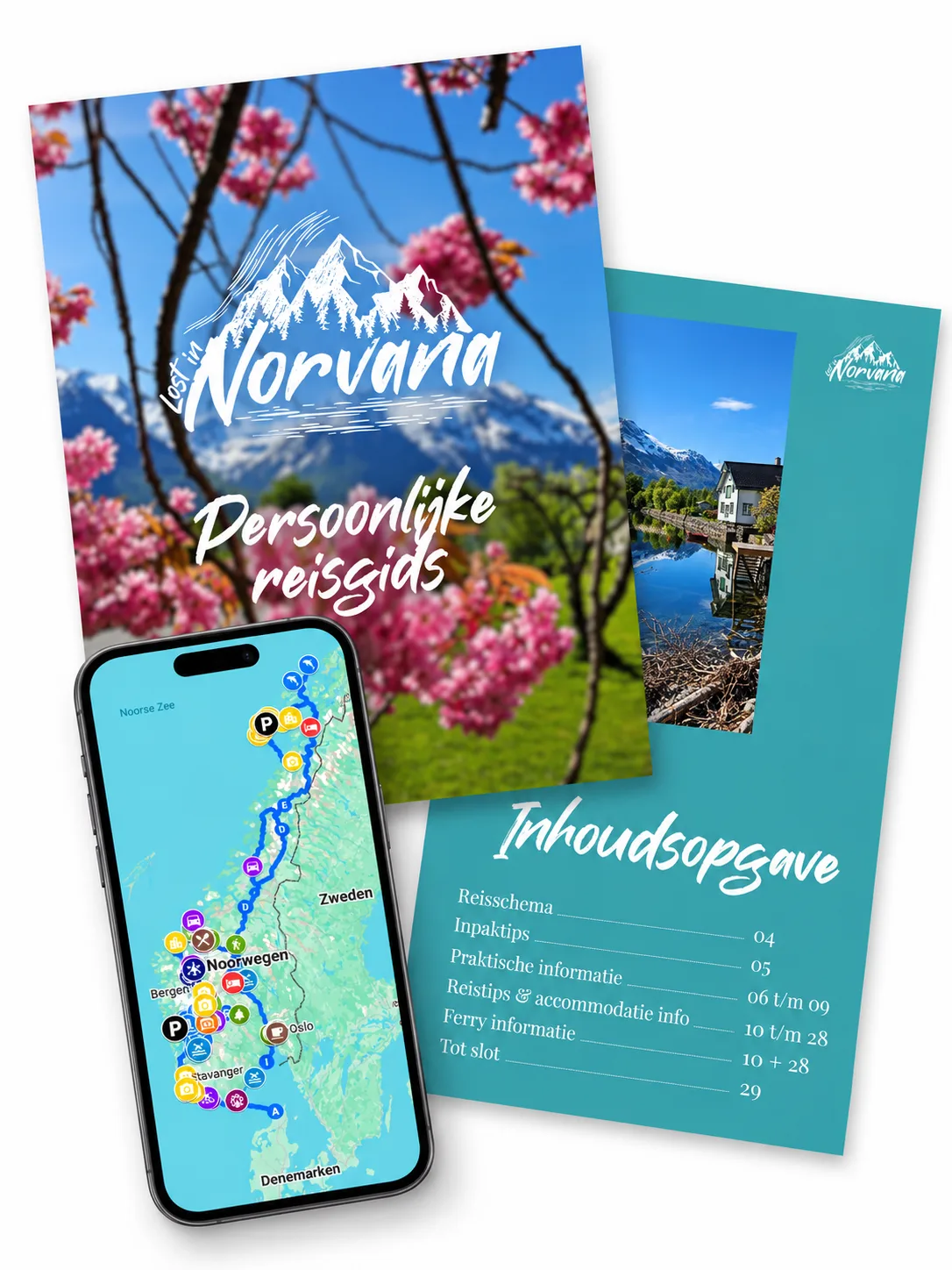 Voorbeeld van een persoonlijke reisgids van Lost in Norvana: de voorkant, de inhoudsopgave en de Google Maps-kaart met de route op een telefoon