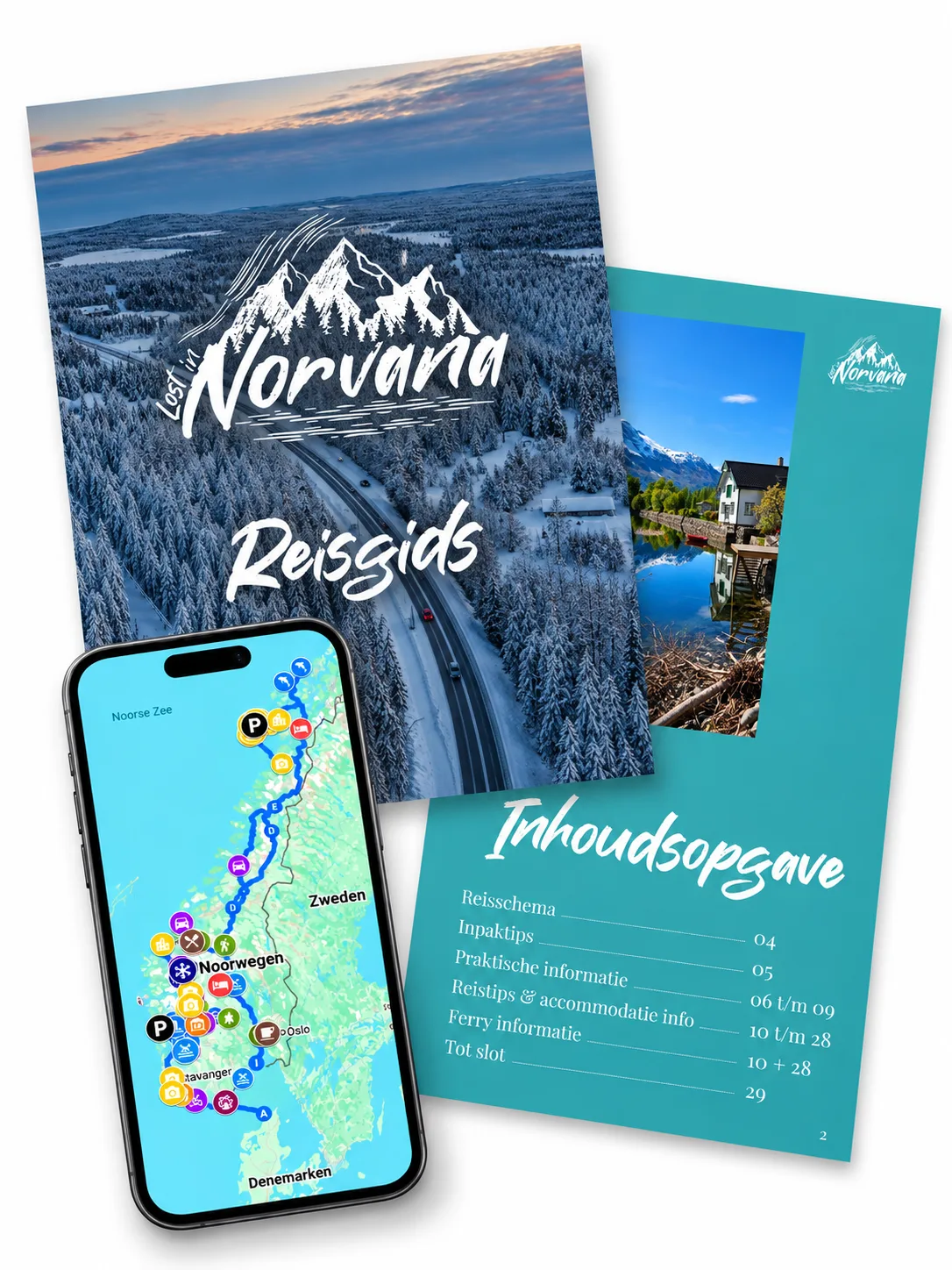 Voorbeeld van een reisgids van Lost in Norvana: de voorkant met een besneeuwd bos, de inhoudsopgave en de Google Maps-kaart met de route op een telefoon